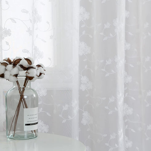Lazzzy Sheer Curtains for Living Room Floral Embroidery 84 inch Long Rustic White Voile Window Curtain Drpaes for Bedroom Rod Pocket 2 Panels