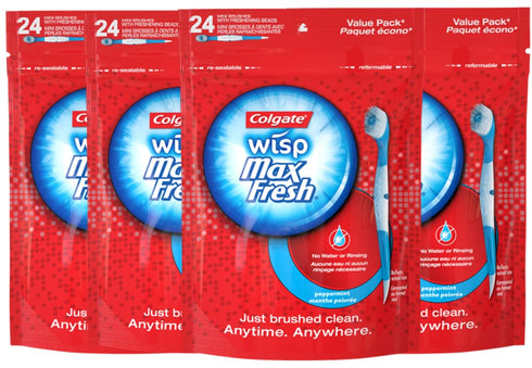 Colgate Max Fresh Wisp Disposable Mini Travel Toothbrushes, Peppermint, 24 Count, 4 Pack