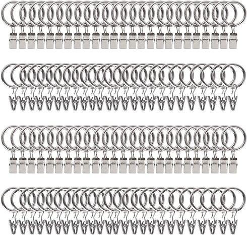 AmtBety 108 Pack Curtain Rings with Clips Decorative 1 inch Drapery Rings with Hooks Strong Clip Rings for Curtain Panel,Hair Bow Hanger,Tapestry,Scrunchies and Other Decorations - Silver