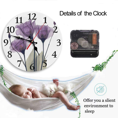 Britimes Round Wall Clock, Silent Non Ticking Clock 12 Inch, Decor for Bathroom, Bedroom, Kitchen, Office or School Purple Tulip