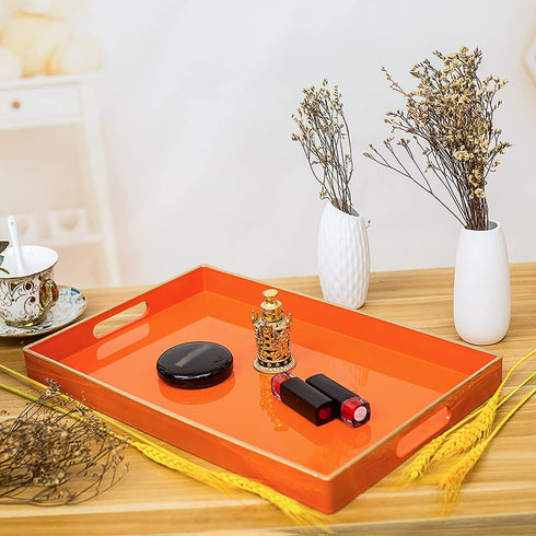 MAONAME Orange Serving Tray with Handles, Modern Decorative Tray for Coffee Table, Plastic Rectangular Tray for Ottoman, Bathroom, Decor, 15.75 x 10.2 x1.57
