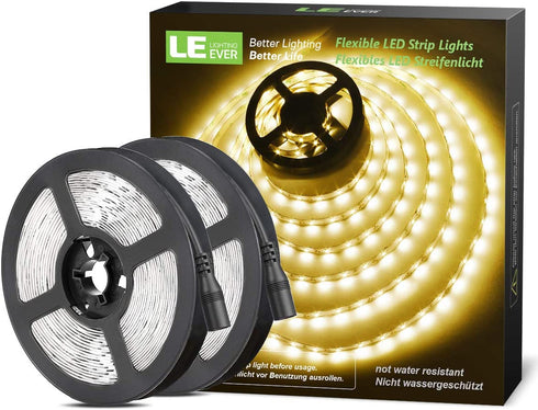 LE 12V LED Strip Light, Flexible, SMD 2835, 300 LEDs, 16.4ft Tape Light for Home, Kitchen, Party, Christmas and More, Non-Waterproof, Warm White, Pack of 2(Not Include Power Adapter)