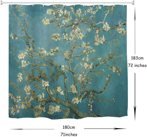 IcosaMro Van Gogh Shower Curtain for Bathroom with Hooks, Almond Blossom Flowers Decorative Long Cloth Fabric Shower Curtain Bath Decorations - 71Wx72L, Green