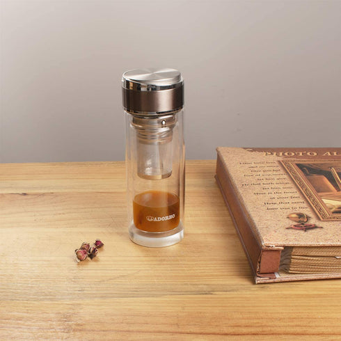 ADORBO Tea Bottle with Infuser BPA Free Double Wall Glass Travel Tea Mug with Stainless Steel Filter Leakproof Tea Bottle with Strainer for Loose Leaf Tea and Fruit Water 12 Ounce