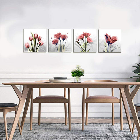 Moyedecor Art - 4 Panel Elegant Tulip Flower Canvas Print Wall Art Painting For Living Room Decor And Modern Home Decorations (Four 12X12in, Red flower)