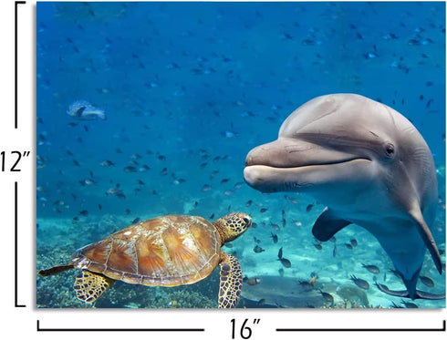 Purple Verbena Art Canvas Print Painting of Sea Turtle Dolphin and Fish Picture Wall Art Underwater World Animal Seascape Photo Artwork Gift for Living Room Bedroom Home Decor-Framed 12x16 Inches