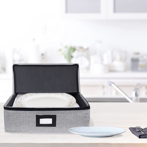 Platter Storage Case-China Storage Containers Height of 5.5'' with Sturdy Stackable Lid Wearable TC Material Include 4 Large Felt Dividers(Light Grey)