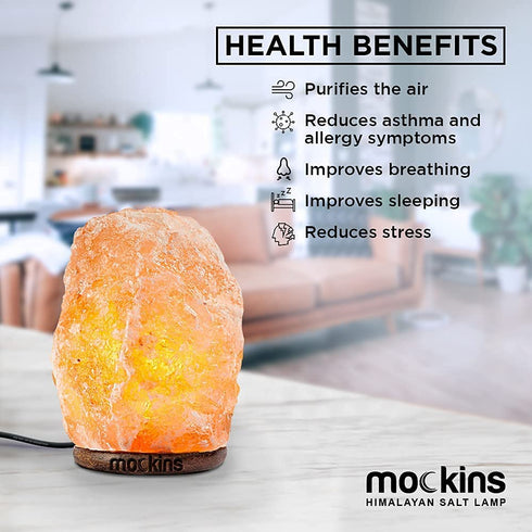 Mockins 6-8" Tall 5-7 lbs Natural Hand Carved Himalayan Salt Lamp with Dimmer Cord & Beautiful Wood Base - Includes Extra Light Bulb | Authentic from The Himalayan Mountains in Pakistan