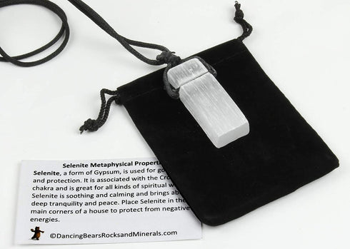 Dancing Bear Selenite Crystal Pendant Necklace, 24" Hand-Knotted Cord, Perfect, Educational ID Card, Chakra, Healing, Ritual, Lucky Protection Grid Stone