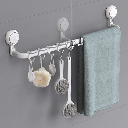 Avolare Suction Cup Towel Bar, Adjustable 24 Inches Towel Holder for Bathroom, Drill Free Removable Wall Mount Towel Rack with 5 Sliding Hooks, Hand Towel Hanger for Kitchen, Toilet, Shower, Door