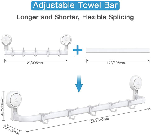 Avolare Suction Cup Towel Bar, Adjustable 24 Inches Towel Holder for Bathroom, Drill Free Removable Wall Mount Towel Rack with 5 Sliding Hooks, Hand Towel Hanger for Kitchen, Toilet, Shower, Door