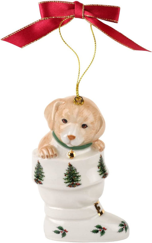 Spode Christmas Tree Ornament, Puppy in Boot