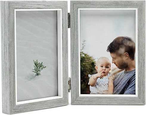 Afuly Rustic Double Picture Frame 4x6 Dual Grey Photo Frames Wooden Hinged Folding Vertical 2 Openings Unique Wedding Gifts