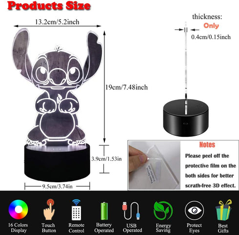 Yan-tech Cute Cartoon lilo Stitch 3D Visual Night Light 16 Colors Remote Control Touch Sensor USB Base Charge AA Battery Powered Baby Room Bedroom Table Light Kids Christmas Gift Deco