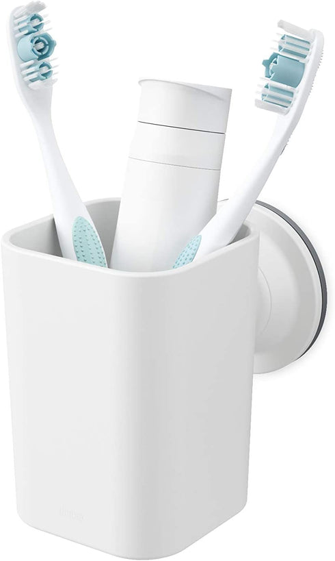 Umbra Flex Sure-Lock Toothbrush Holder, Bathroom Storage Tumbler, Cup for Toothpaste, Combs and Makeup Brushes - Attaches to Glass Panes, Mirrors and Tiles with SureLock Technology, No Drilling, White