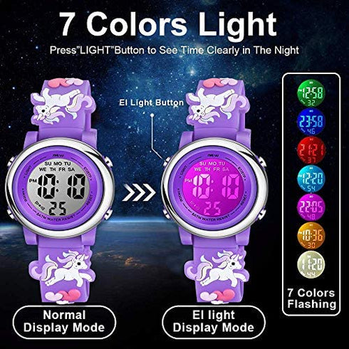 Venhoo Kids Watches 3D Cartoon Waterproof 7 Color Lights Toddler Digital Wrist Watch with Alarm Stopwatch Gifts for 3-10 Year Girls Little Child