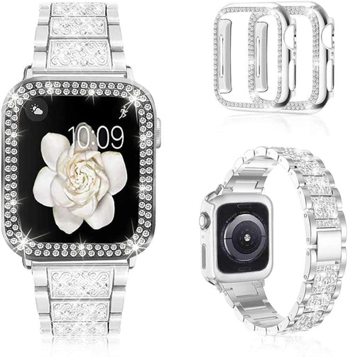Mosonio Compatible with Apple Watch Band 40mm with Case Women, Jewelry Replacement Metal Wristband Strap with 2 Pack Bling PC Protective Cover for iWatch Series 6/5/4(Silver)