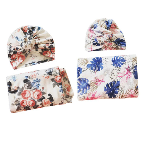 KESYOO 1 Pack Baby Swaddle Blanket with Newborn Beanie Hat Cotton Floral Receiving Blanket Wrap Bow Headband for Boy Girl