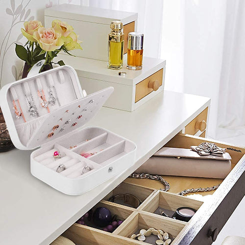 Travel Jewelry Boxes for Women - Small Jewelry Organizer Case Double Layer Portable Mini Travel Case Display Storage Holder Boxes for Stud Earrings, Rings, Necklaces, Bracelets(White)