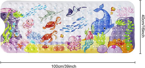 JJoexyfit Bath Mat for Kids Toddler Baby, Extra Long 100x40cm Non-Slip Baby Shower Bath Mat with Suction Cups (Ocean Animal-Horizontal)