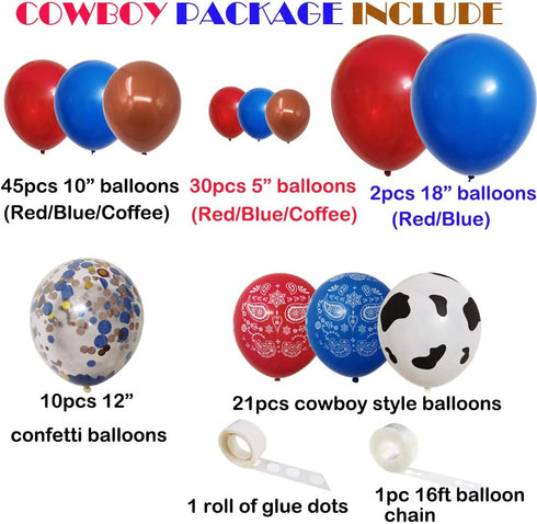 Western Cow Boy Party Balloons Arch Garland, 110 PCS 18" 12" 10" 5" Cow boy Latex Balloons Red Blue Coffee Confetti Balloon for Birthday Party Boys and Girls Baby Shower Party Supplies