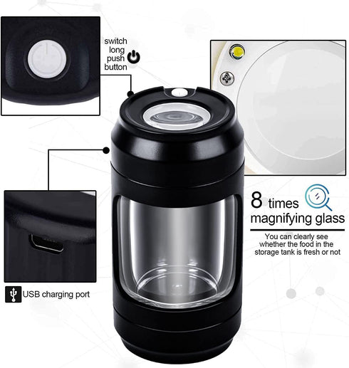 Storage Jar with Herb Grinder Led Light up, Herb Containers with 8x Magnifying Glass Jar Air Tight, Storage and Grinding in One Keep Herbs Dry and Fresh (Black)