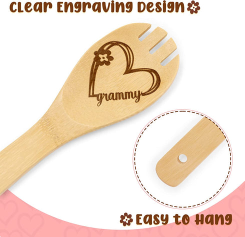 5PCS Grandma Gifts Wooden Spoons Mother's Day Thankful Christmas Birthday Gifts Nana Non-Stick Organic Bamboo Kitchen Cooking Spatula Laser Engraved Wooden Utensils for Grandparent's Day