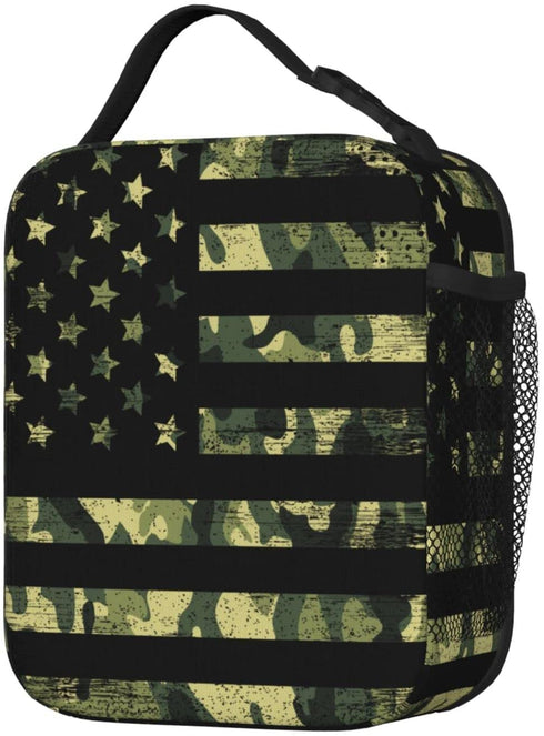 PrelerDIY Camouflage American Flag Lunch Box - Insulated Lunch Bags for Women/Men/Girls/Boys Detachable Handle Lunchbox Meal Tote Bag