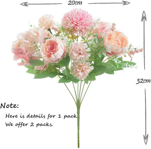 KIRIFLY Artificial Flowers, Fake Peony Silk Hydrangea Bouquet Decor Plastic Carnations Realistic Flower Arrangements Wedding Decoration Table Centerpieces 2 Packs (Light Pink)