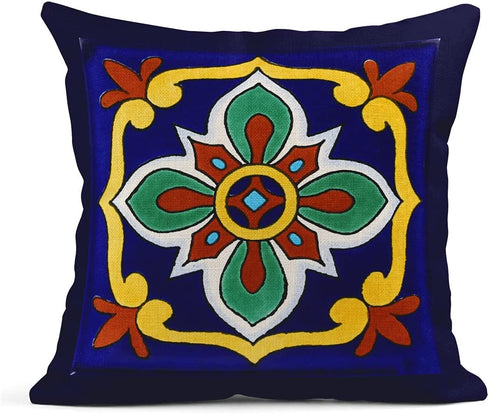 Semtomn Set of 4 Linen Throw Pillow Covers Spanish Talavera Exotic Geometry Dark Retro Ethnic Home Decorative 20"x20" Flax Pillow Cases Cushion Square Pillowcases