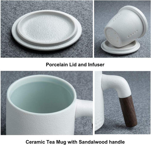Tea cup with Sandalwood handle, 13 oz, Ceramic Tea Mug with Porcelain Infuser and Lid for Hot Tea or Coffee, Gift Set, 1-Pack (White)
