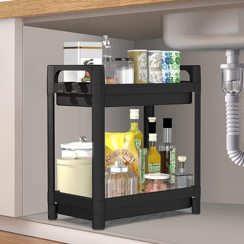 SOYO Under Sink Organizer, 2-Tier Under Bathroom Sink Organizers Cabinet Storage, Standing Rack Organizer, Bath Collection Baskets with Hook, Multi-Purpose Storage Shelf for Kitchen Laundry, Black