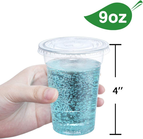 Eupako 9 oz Plastic Cups with Lids, 9 Ounce Clear Disposable Plastic Party Cups with Flat Lids, Cold Drink Cups Pack of 100