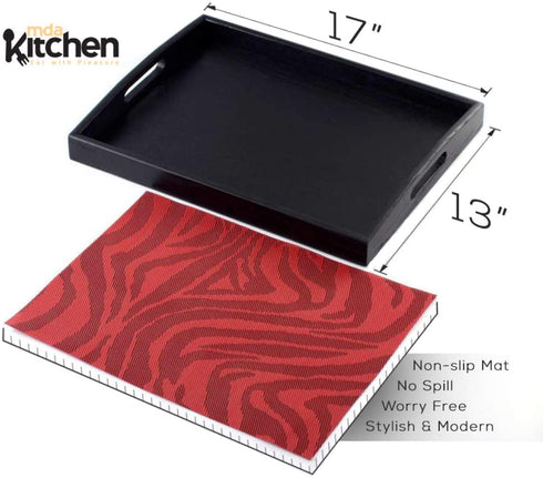 mdaKitchen Serving Tray with Handles and Non-Slip Mat, Wood Large Black Rustic Butler Rectangle Tray for Breakfast in Bed, Ottoman Food Coffee Tea Table Tray for Eating 17" x 13" x 2" (Red)