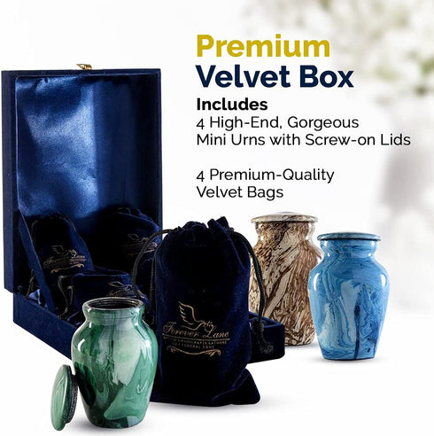 Forever Lane Handcrafted Mini Marble Keepsake Urns - Set of 4 Cremation Urn for Human or Pet Ashes - Aluminum Urn for Sharing Loved Ones Ashes Includes Screw Top Lid Velvet Bag