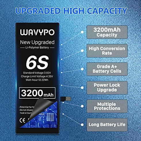 Battery for iPhone 6S, Upgraded 3200mAh Wavypo 2022 High Capacity New 0 Cycle Battery Replacement for iPhone 6S Battery A1633 A1688 A1700 with Full Replacement Tool Kit