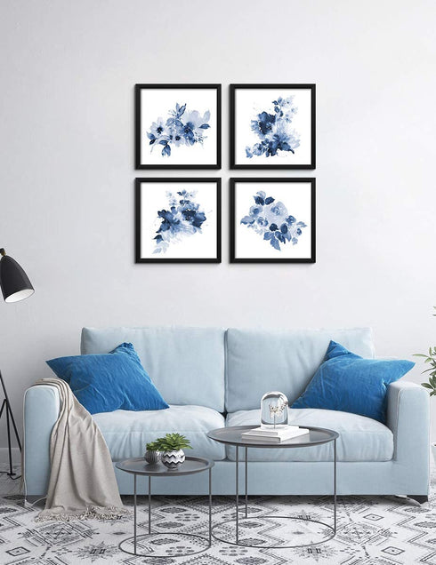 ArtbyHannah 10x10 Framed Blue Floral Wall Art Set of 4 with Black Frames and Flower Print for Gallery Walls or Bathroom Bedroom Decoration