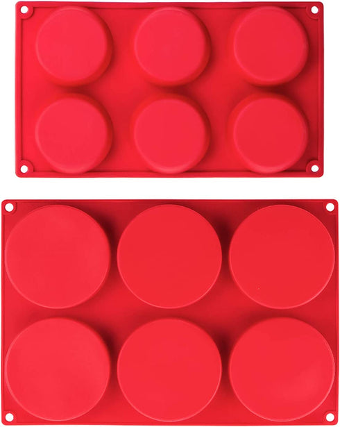 Webake Silicone Molds for 3 Inch and 4 Inch Round Disc Pan for Cake, Muffin Top, Bun, Custard, Tart, Resin Coaster, 6 Cavity, Red Set of 2