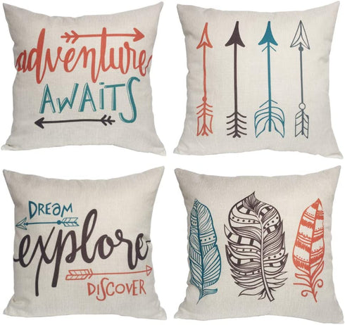 Feather Arrows Throw Pillow Case Inspirational Words Cushion Cover Home Decorative Square Pillowcases 18×18 Inch,4pack(Adventure Awaits,Dream Explore Discover, Ethnic Arrows, Feathers)