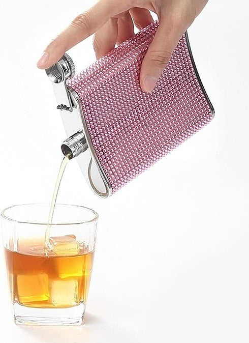 FYL Hip Flask for Liquor, Blue Glitter Flask 8oz with Never-Lose Cap