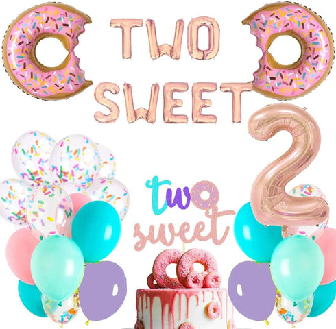HEETON Two Sweet Balloons Donut Birthday Cake Topper Decor 2nd Birthday Party Baby Birthday Party 2nd Birthday Sweet Balloon Letters Supplies for Baby Girl