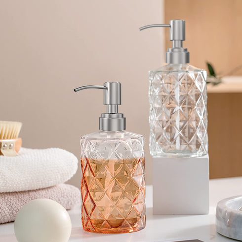 Soap Dispenser, Elegant Diamond Design 12 OZ Glass Soap Dispenser with Stainless Steel Pump, Dish Soap Dispenser, Kitchen Soap Dispenser, Bathroom Soap Dispenser, Dispenser for Hand Soap, Soap, Lotion