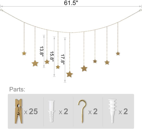 Mkono Hanging Photo Display with String Lights Gold Stars Garland Picture Frame Collage with 25 Wood Clips Wall Art Decoration for Home Office Nursery Bedroom Dorm Card Display