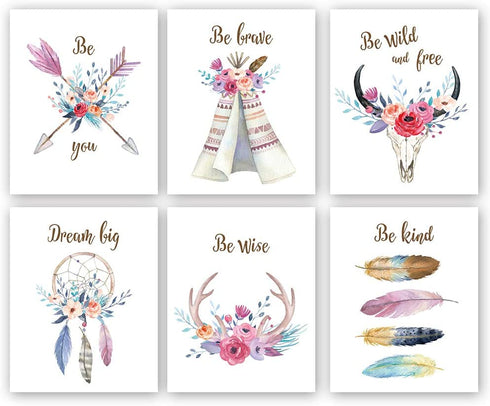 KAIRNE Girls Boho Tribal Art Print,Dreamcatcher Feathers Flowers With Inspirational Quote Wall Poster Picture,Set Of 6(8X10“ Unframed) Watercolor Positive Affirmation Words Bohemian Canvas Poster