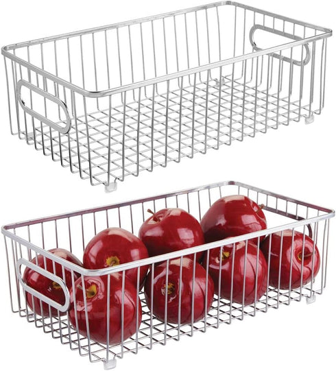 mDesign Metal Farmhouse Kitchen Pantry Food Storage Organizer Basket Bin - Wire Grid Design - for Cabinets, Cupboards, Shelves, Countertops - Holds Potatoes, Onions, Fruit - Large, 2 Pack - Chrome