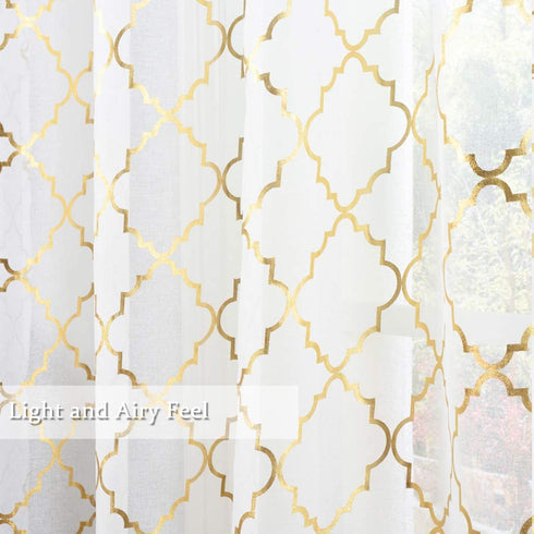 Kotile White Sheer Window Curtains Set of 2 Panels - Gold Moroccan Tile Lattice Pattern Drapes for Living Room, 52 x 95 Inch