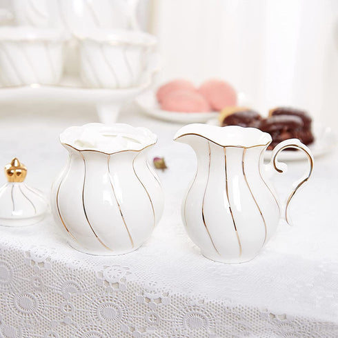 DUJUST White Cream & Sugar Set, Luxury British Design in Golden Trims, 1 Sugar Bowl with Lid (12 OZ), 1 Creamer (8 OZ), Handcrafted Sugar Creamer Set, Decoration for Kitchen