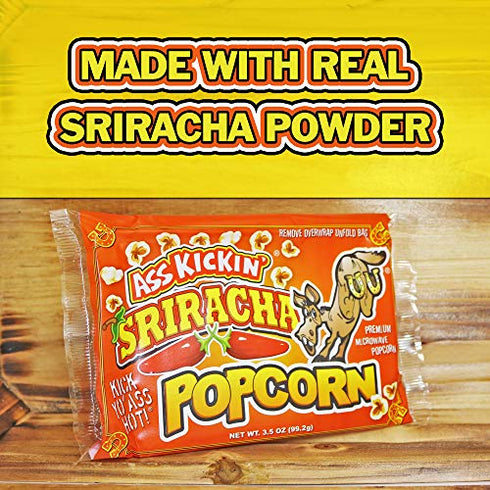 ASS KICKIN' Sriracha Microwave Popcorn Bags - 3 Pack - Ultimate Spicy Popcorn Gourmet Gift - Makes a Great Movie Theater Popcorn or Snack Food for Movie Night