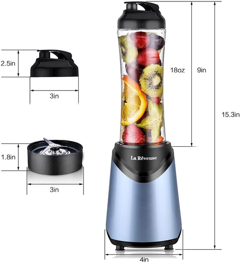 La Reveuse Smoothies Blender Personal Size 300 Watts with 18 oz BPA Free Portable Travel Sports Bottle (Light Blue)