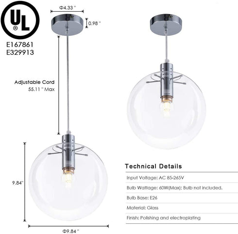 Modern Glass Globe Pendant Light 9.84 inch Chrome, Adjustable Edison Ceiling Pendant Light Fixtures for Kitchen Island Farmhouse Restaurants by Bewamf